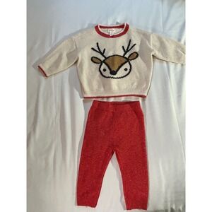 Cat & Jack Baby Reindeer Knit Sweater and Pant Set Red Cream 6-9M Holiday Outfit